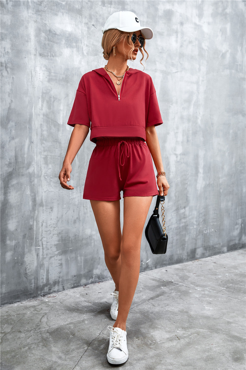 Half Zip Cropped Hooded T-Shirt and Shorts Set