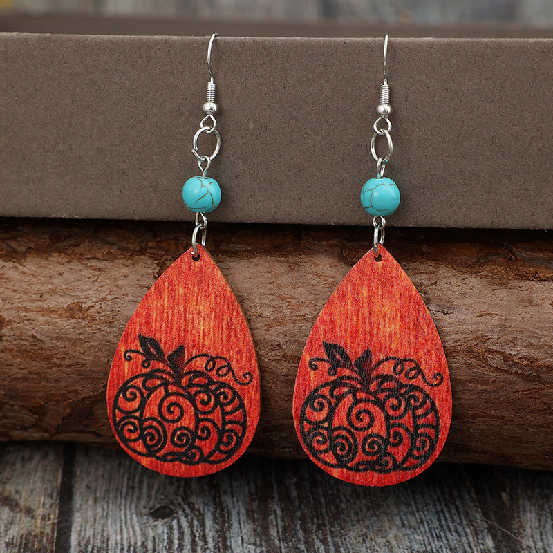 Turquoise Wooden Pumpkin Teardrop Earrings - ClozArt