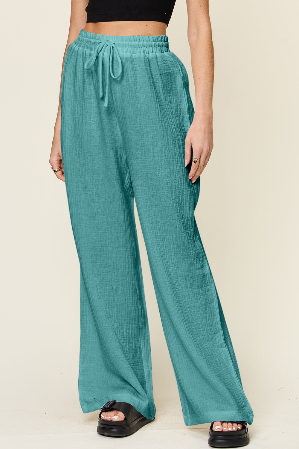 Double Take Full Size Texture Drawstring Wide Leg Pants - ClozArt