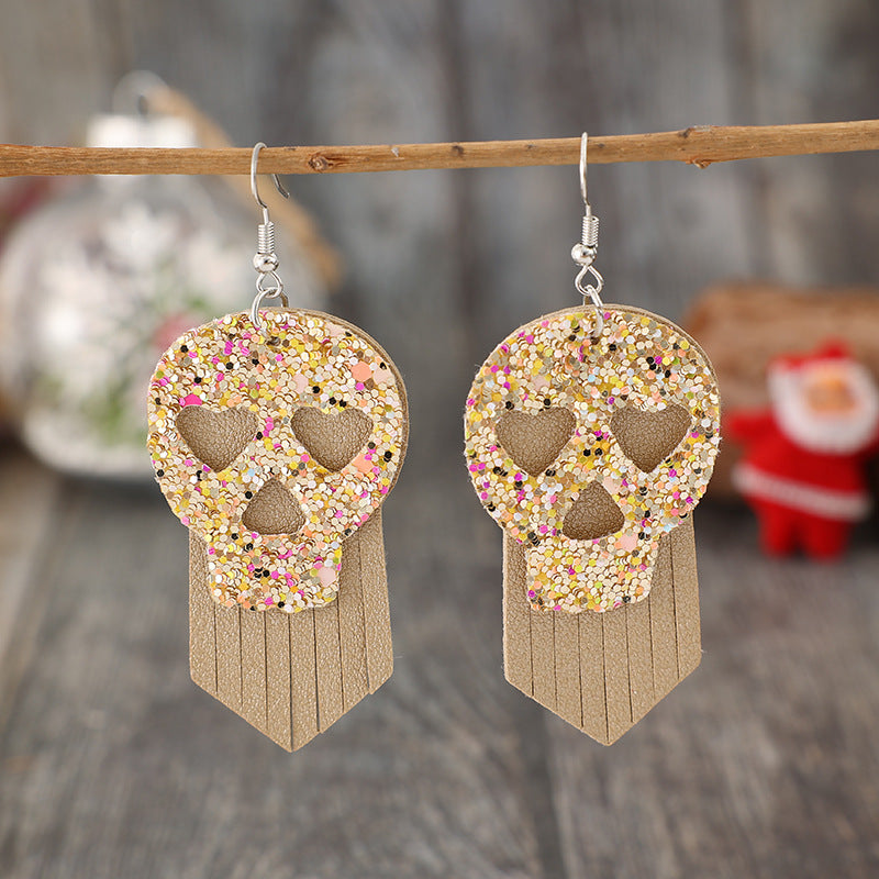 Sequin Skull Dangle PU Leather Earrings - ClozArt