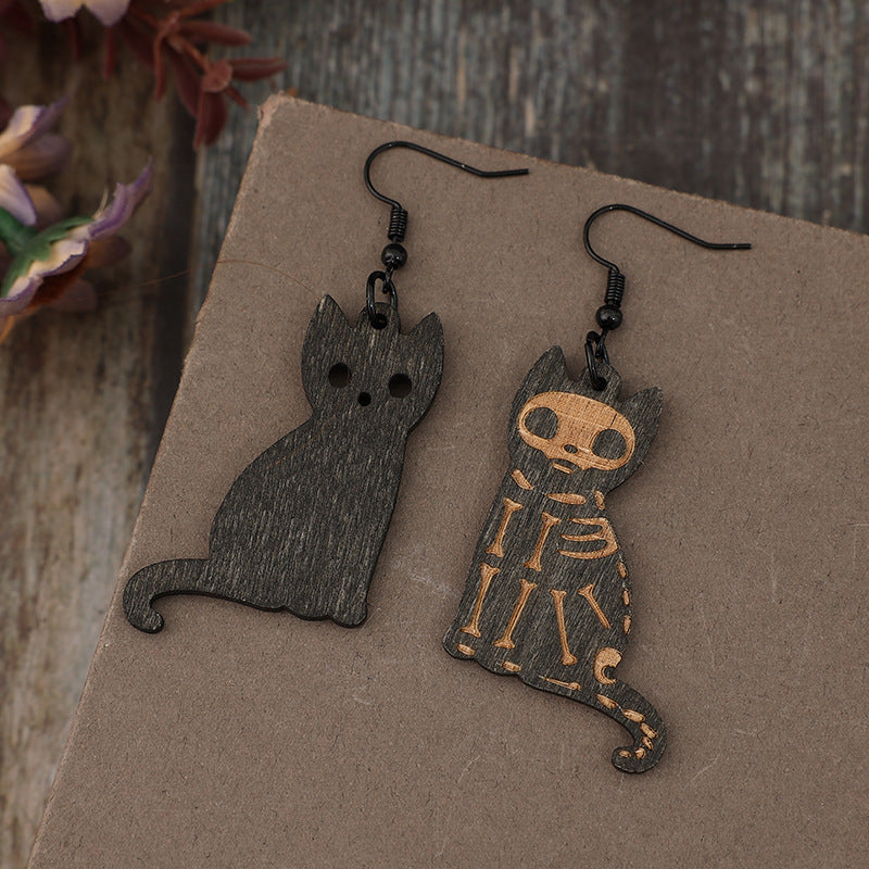 Alloy Hook Wooden Cat Earrings - ClozArt