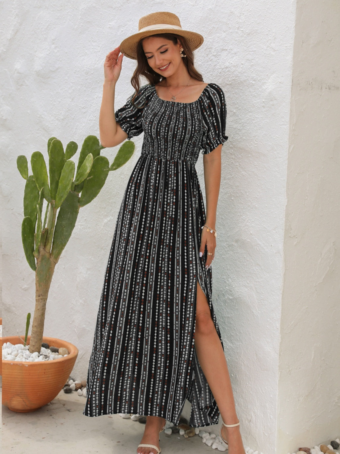 Slit Printed Short Sleeve Dress - ClozArt