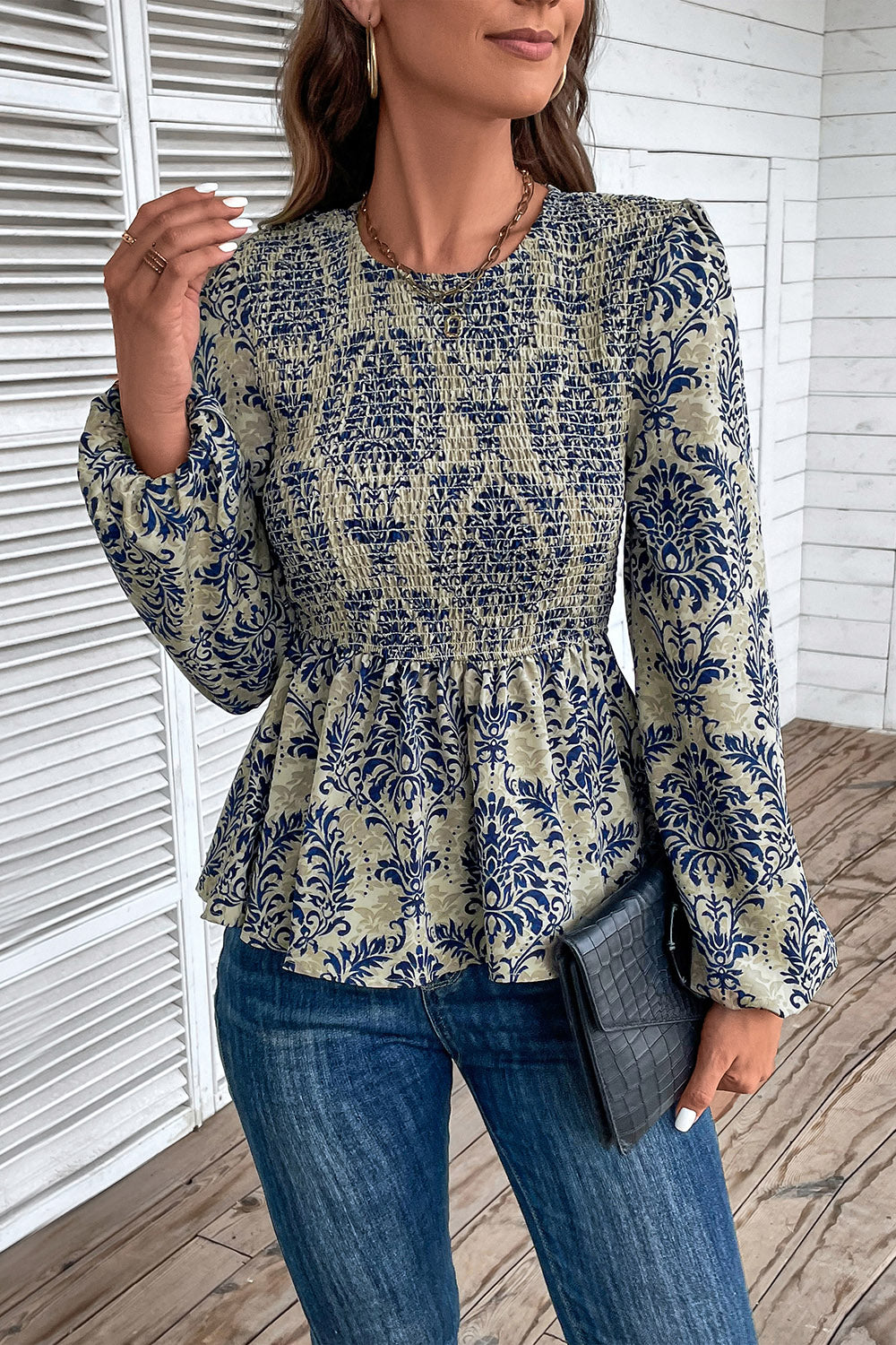 Perfee Smocked Printed Balloon Sleeve Blouse