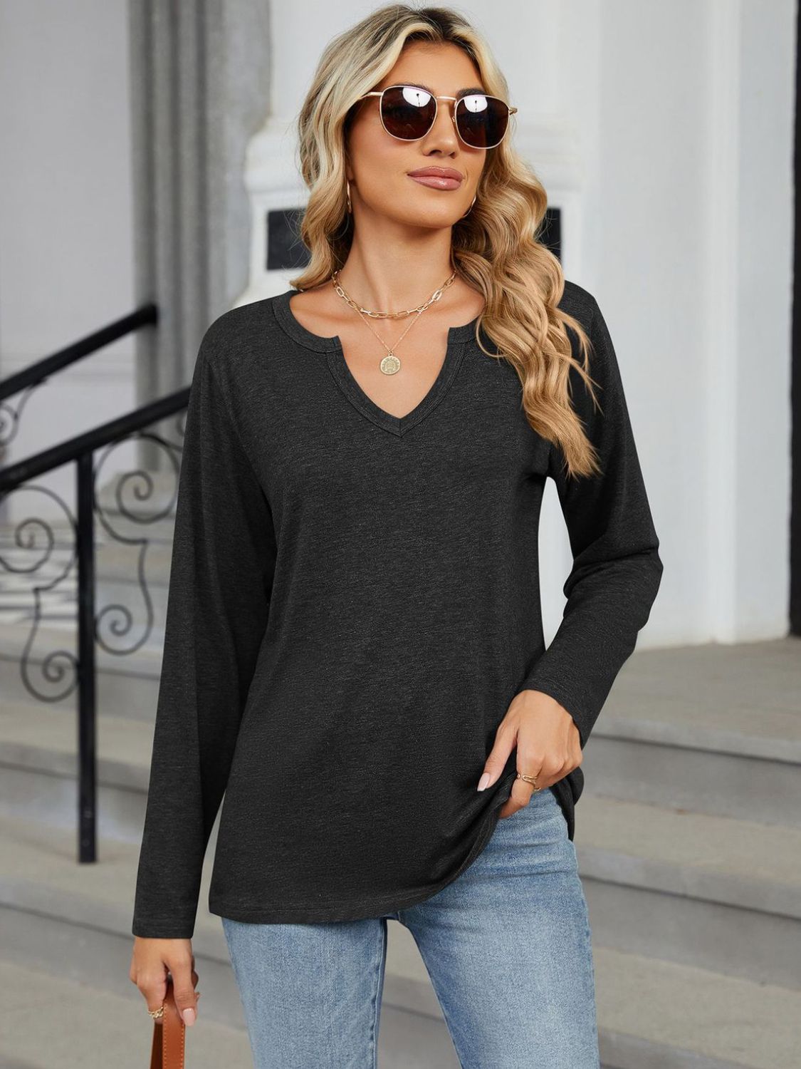 Notched Long Sleeve T-Shirt