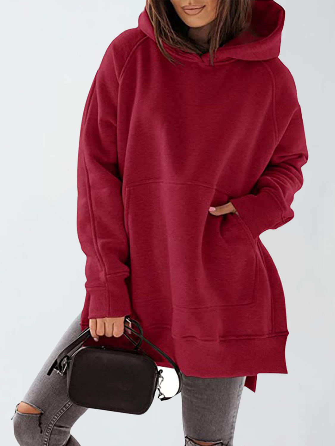 Slit Pocketed Raglan Sleeve Hoodie