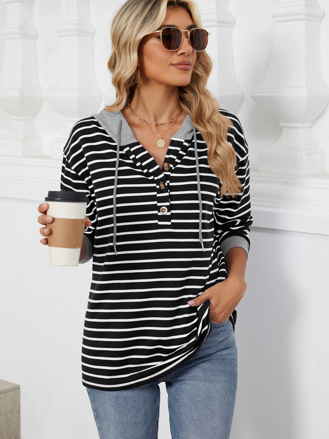 Drawstring Striped Long Sleeve Hoodie