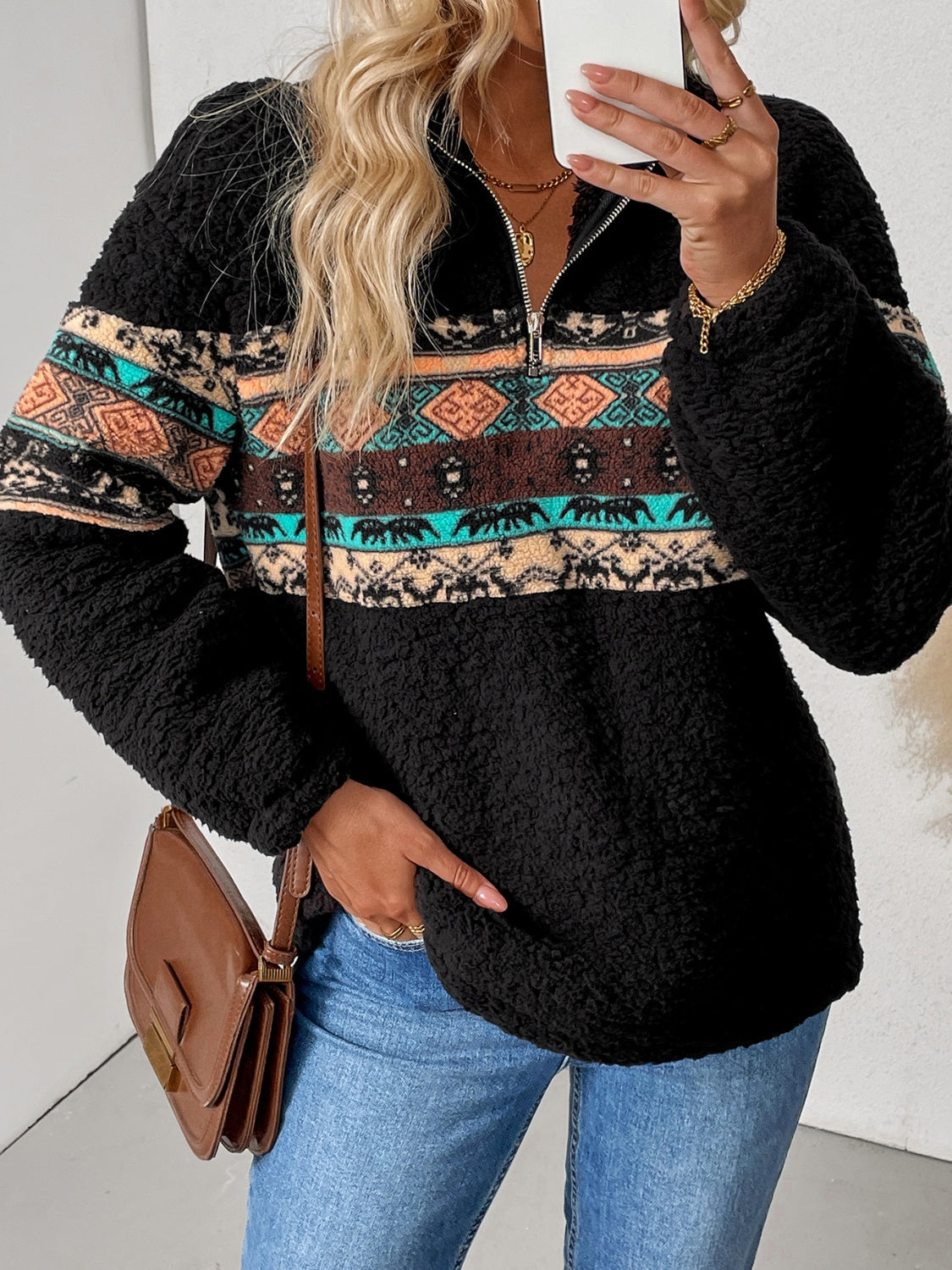 Quarter Zip Geometric Long Sleeve Sweatshirt