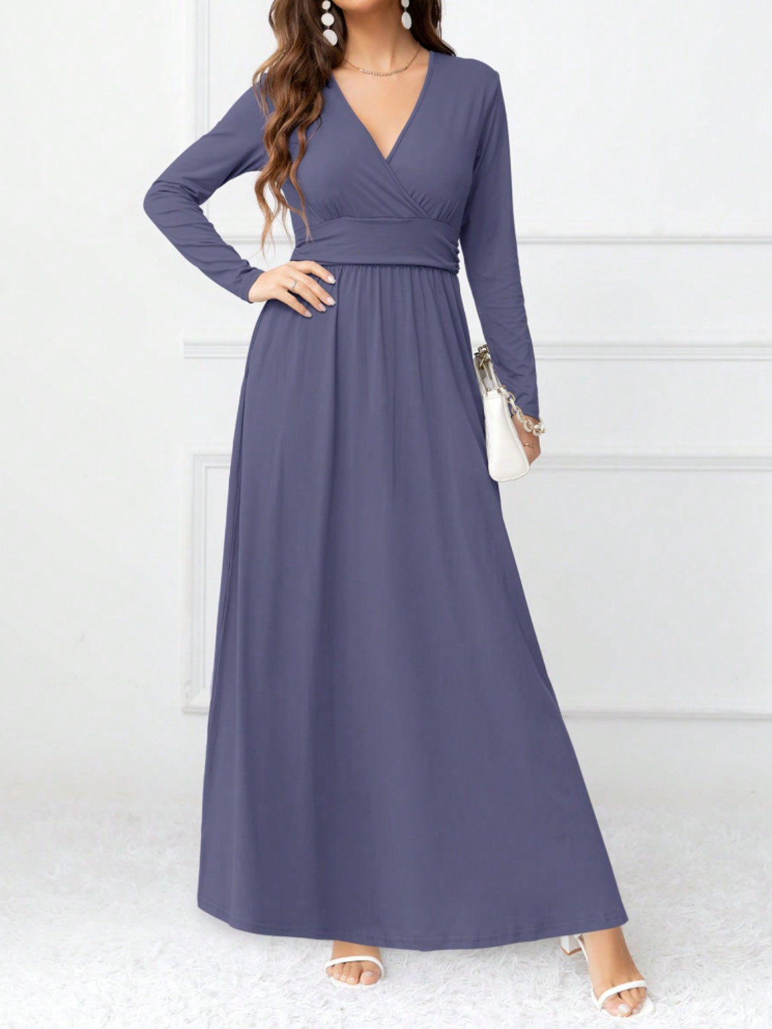 Pocketed Surplice Long Sleeve Maxi Dress - ClozArt