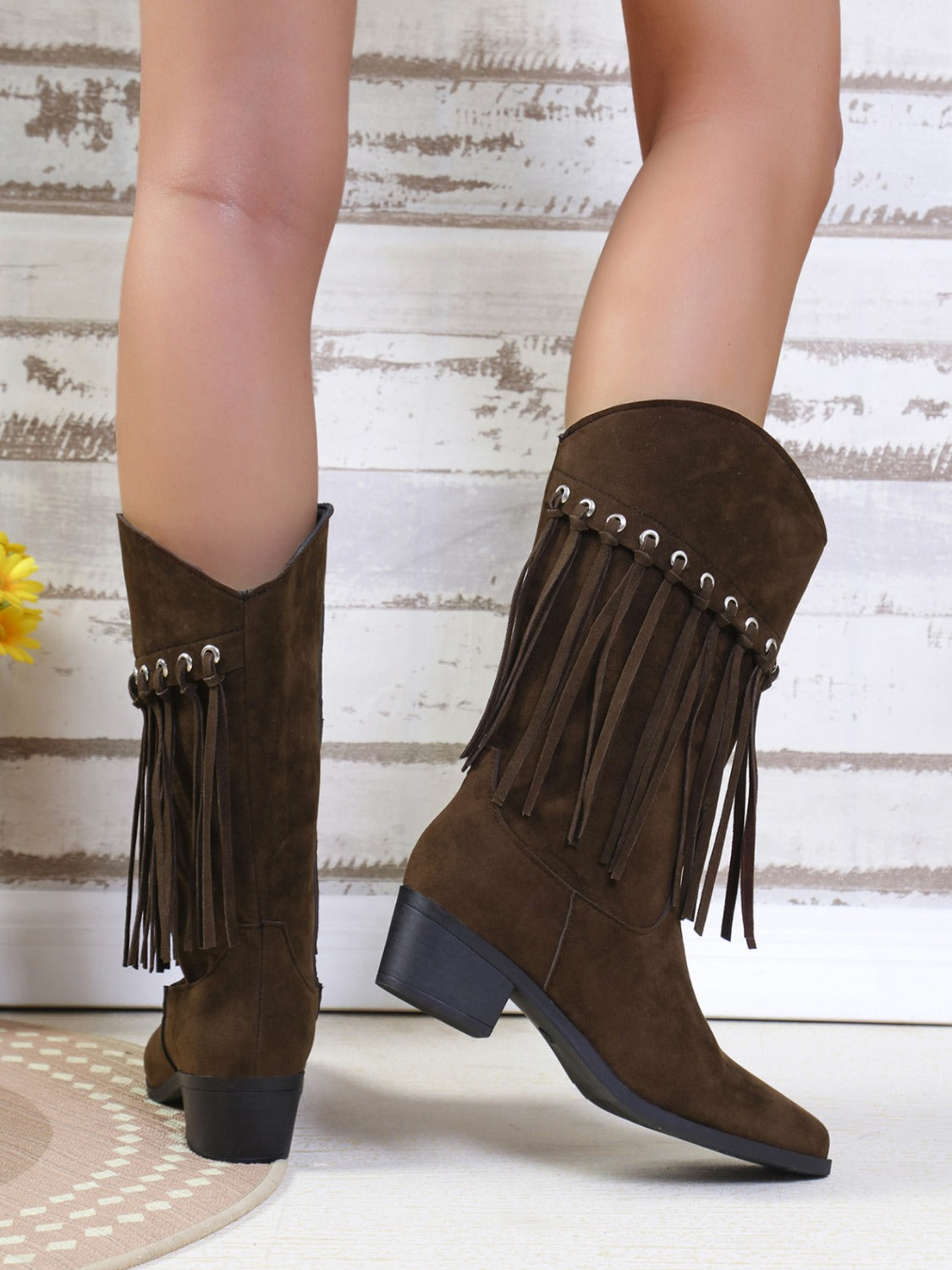 Fringe Suede Point Toe Block Heel Boots - ClozArt