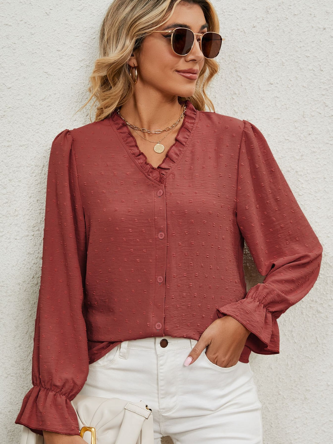 Button Up Flounce Sleeve V-Neck Shirt