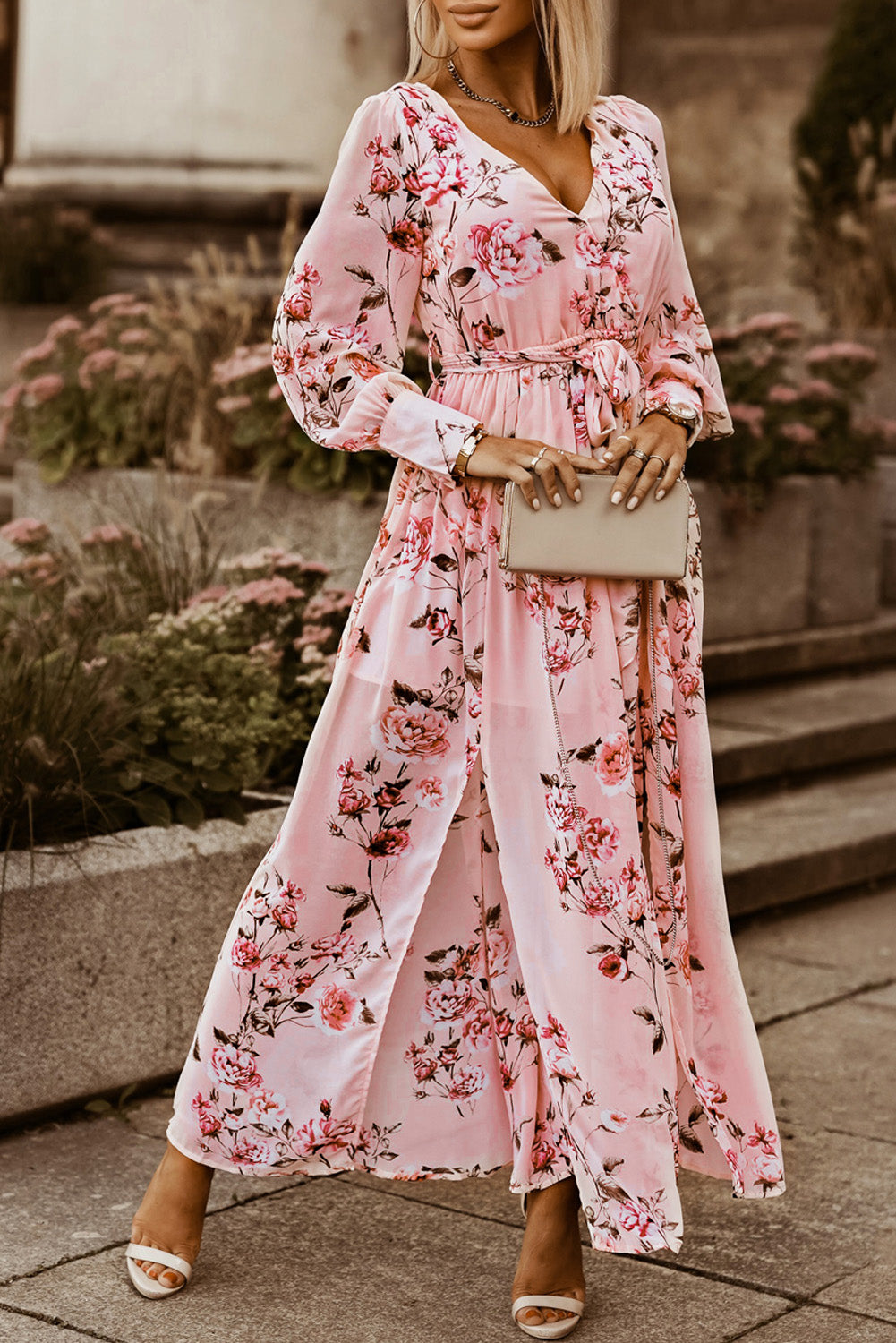 Floral Tie Belt Bishop Sleeve Slit Maxi Dress - ClozArt