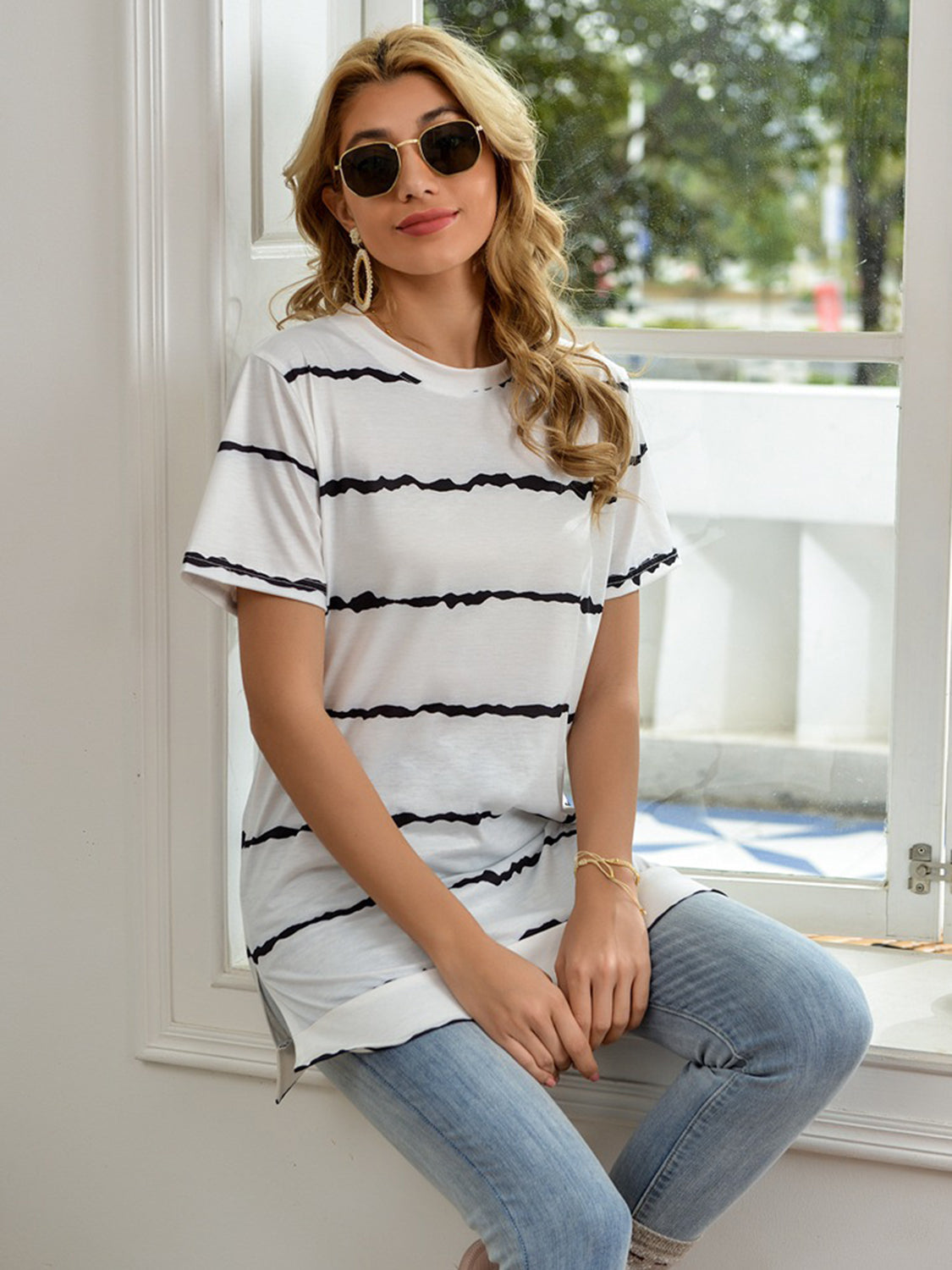 Striped Round Neck Short Sleeve T-Shirt