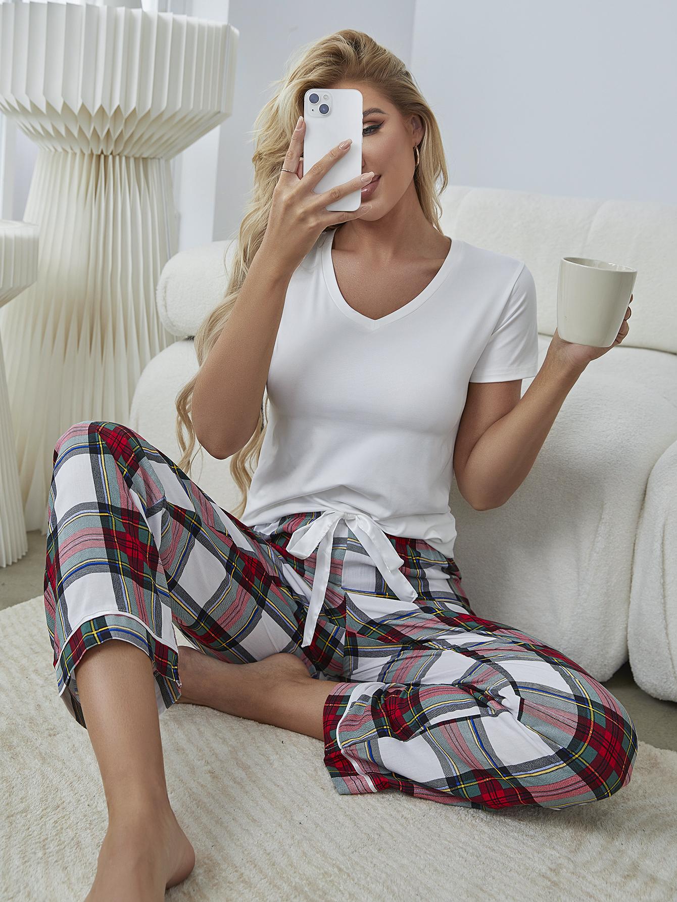 V-Neck Tee and Plaid Pants Lounge Set