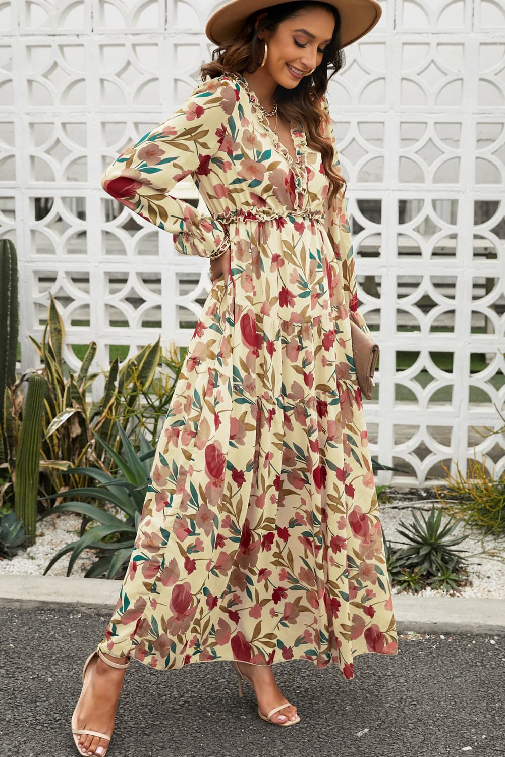 Floral Frill Trim Flounce Sleeve Plunge Maxi Dress - ClozArt